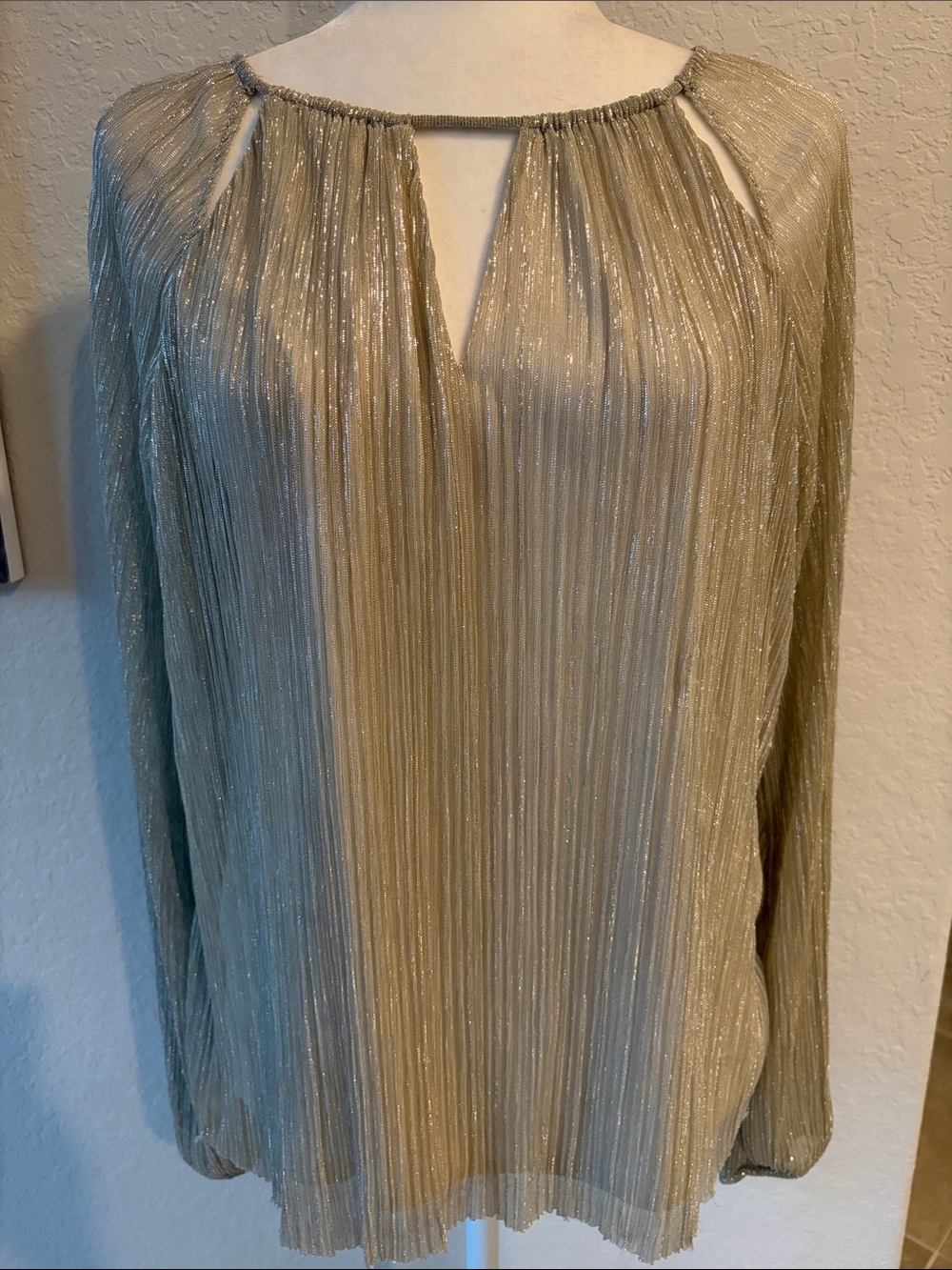 White House Black Market Gold Metallic Pleated Keyhole Blouse
